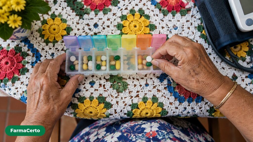 Mãos de uma senhora colocando comprimidos em um organizador semanal sobre uma toalha de crochê colorida.