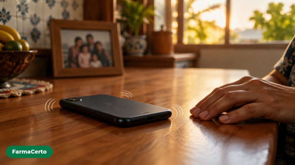 Celular virado para baixo sobre a bancada da cozinha, com a mão de um adulto ao lado sem atender.