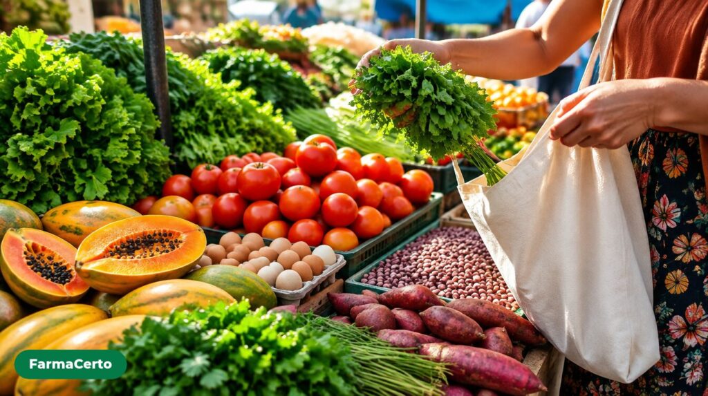 Banca de feira com verduras, tomates, mamão, ovos e feijão, e mão colocando legumes em sacola de pano