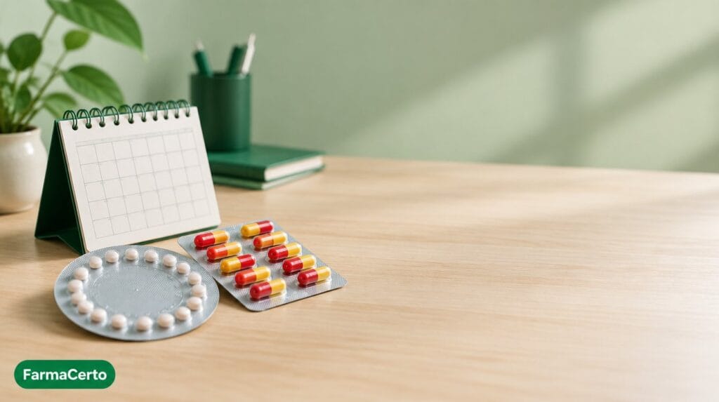 Cartela de anticoncepcional, cartela de cápsulas de antibiótico e calendário
