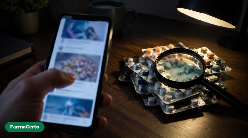 Polegar rolando o feed no celular ao lado de uma lupa sobre cartelas de medicamentos, à luz de uma luminária