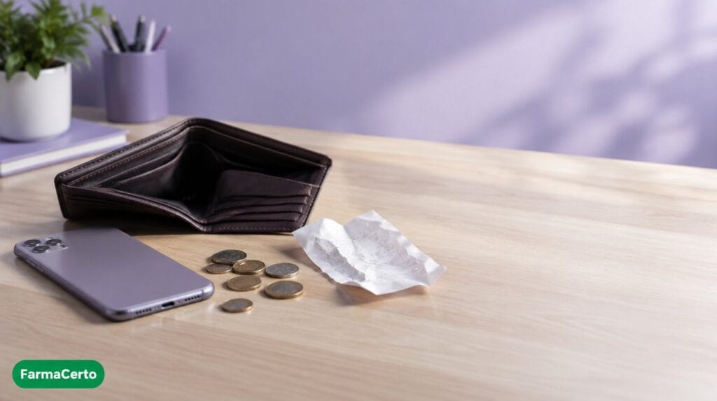 Carteira vazia, moedas e celular sobre a mesa