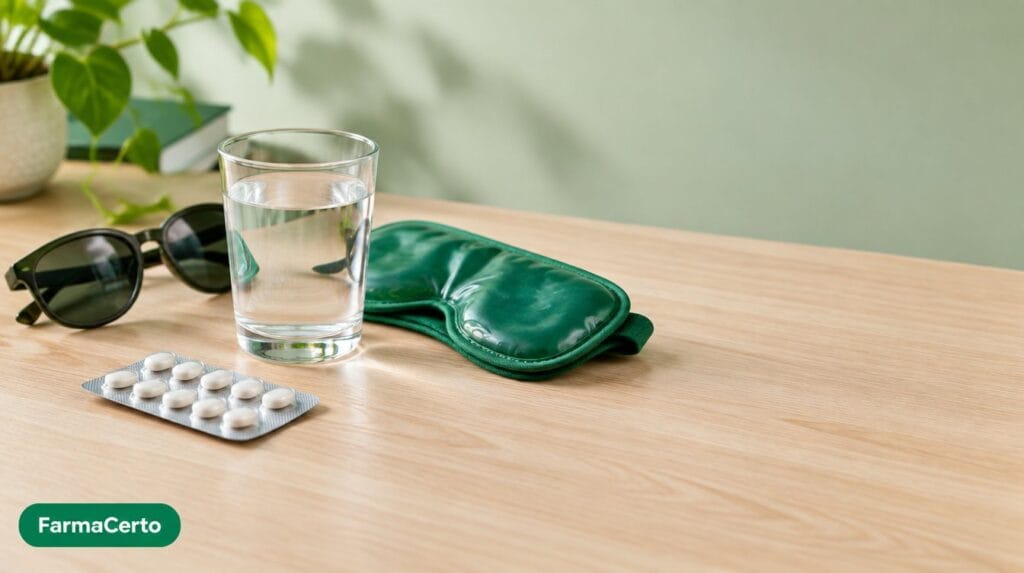 Cartela de comprimidos, copo de água, óculos escuros e máscara de gel para os olhos