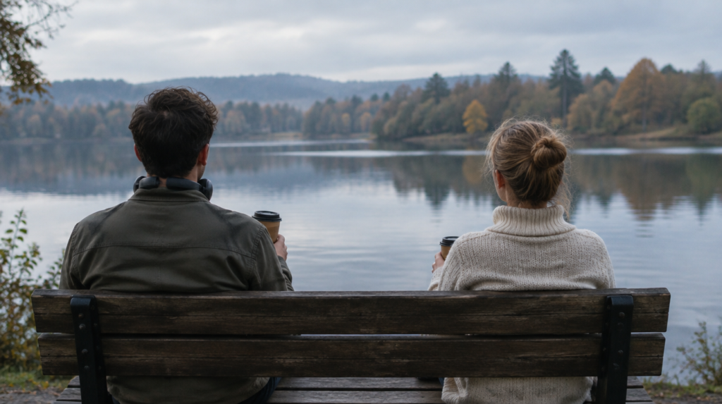 Dois adultos de costas sentados em um banco à beira de um lago, com um pequeno espaço entre eles, cada um com um copo de café