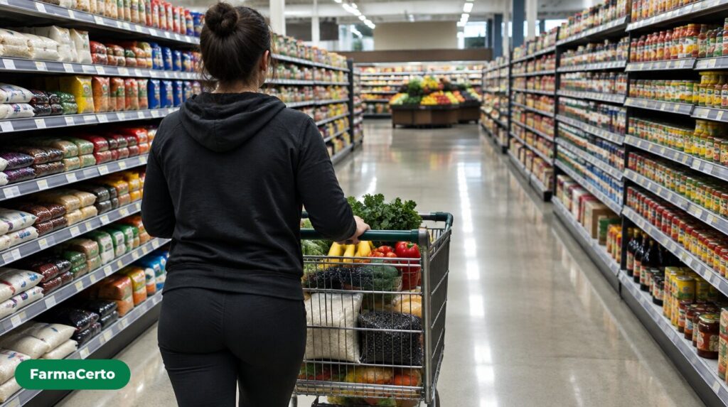 Pessoa de costas empurrando carrinho com arroz, feijão, frutas e legumes em corredor de supermercado americano