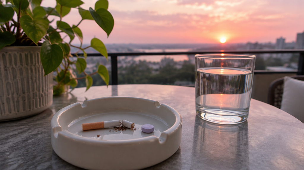 Comprimido redondo lilás ao lado de um cigarro partido ao meio em cinzeiro limpo, sobre mesa de varanda ao nascer do sol