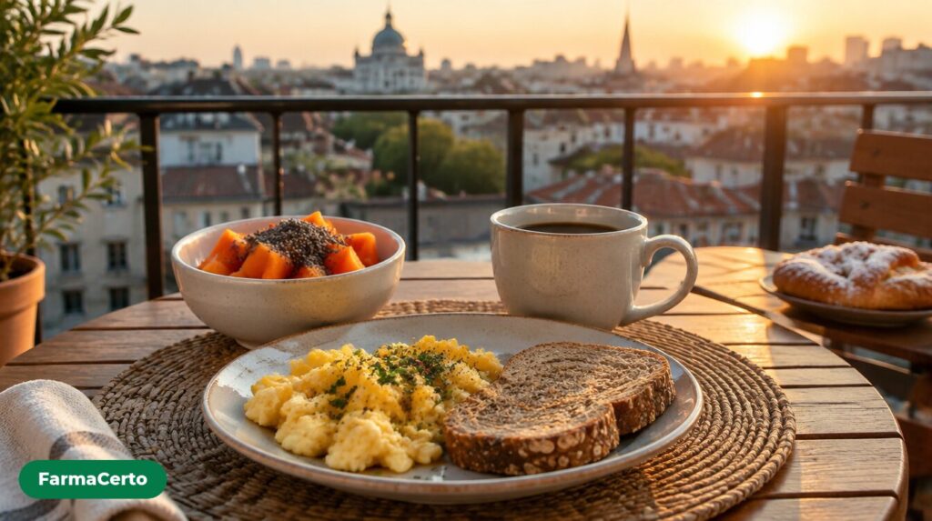 Café da manhã equilibrado na varanda ao nascer do sol, com ovos mexidos, pão integral, mamão com chia e café preto