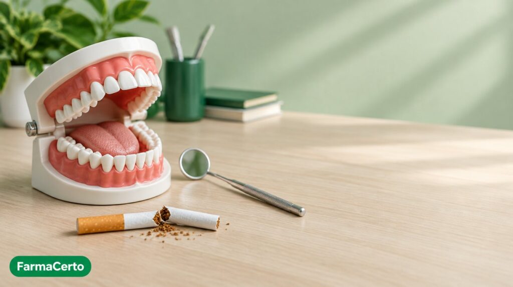 Modelo de boca aberta com dentes e língua, espelho odontológico e cigarro partido ao meio sobre a mesa
