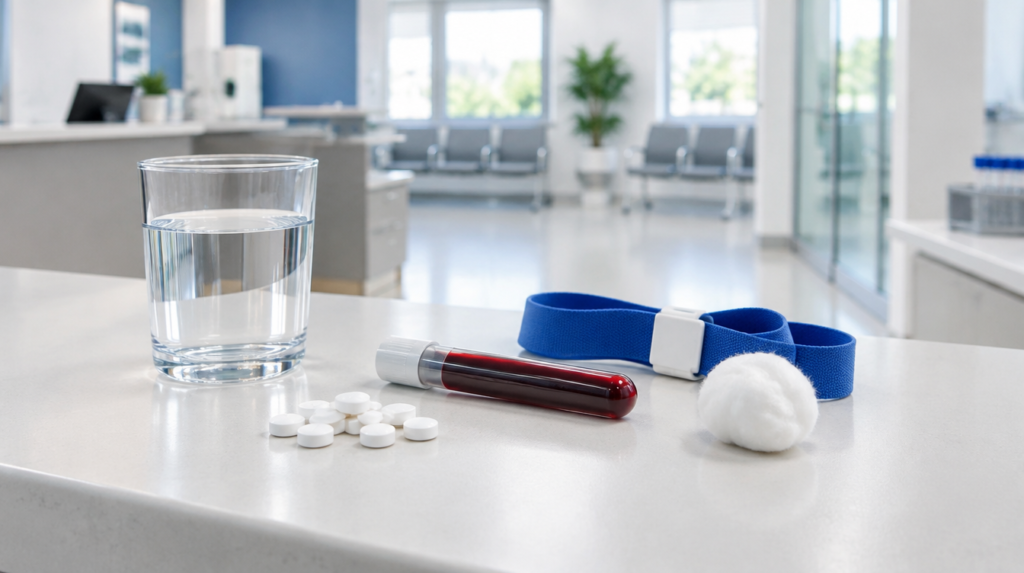 Comprimidos brancos redondos ao lado de um tubo de coleta de sangue e copo de água em balcão de laboratório, com garrote e algodão