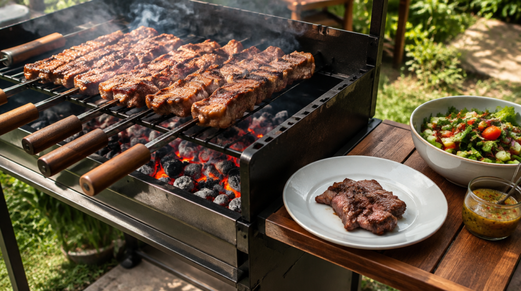 Cortes magros de carne na churrasqueira com brasa, ao lado de um prato com porção medida e salada vinagrete