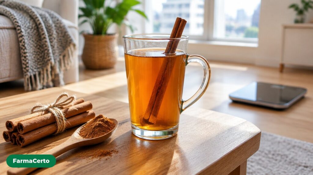 Paus de canela amarrados e copo de chá de canela, com balança de banheiro desfocada ao fundo