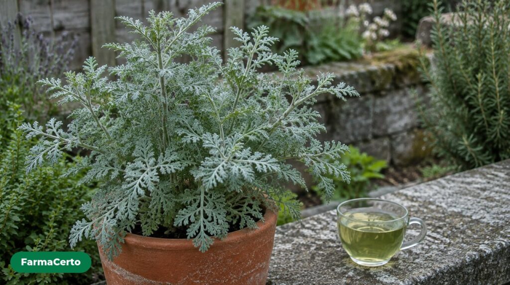 Losna de folhas prateadas em vaso de barro ao lado de uma xícara de vidro com chá em um quintal