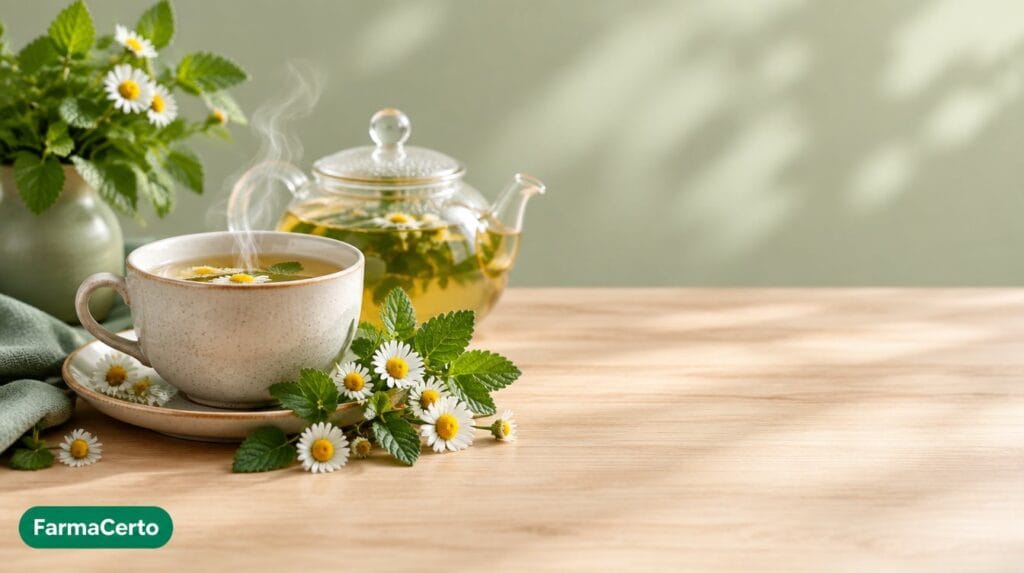 Xícara de chá com flores de camomila e folhas de erva-cidreira