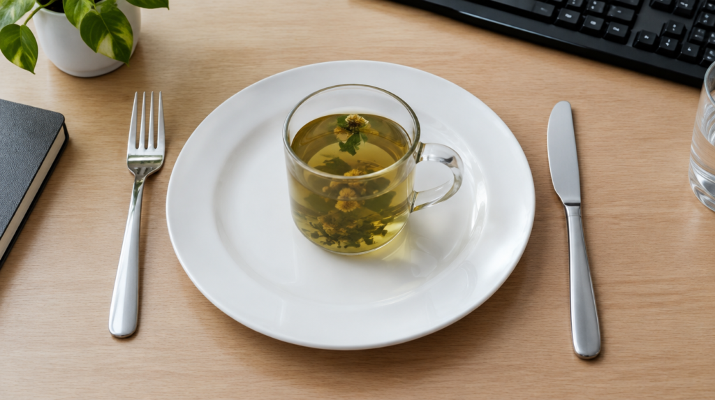 Caneca de chá de ervas no centro de um prato vazio com garfo e faca, sobre mesa de escritório