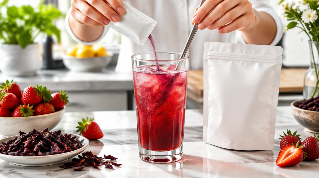 Mãos despejando um sachê de chá solúvel em um copo de água gelada que fica vermelho, com morangos e pétalas de hibisco ao lado