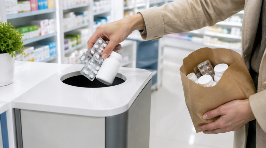 Mão depositando cartelas e frascos antigos em um coletor de medicamentos dentro da farmácia, com saco de papel na outra mão
