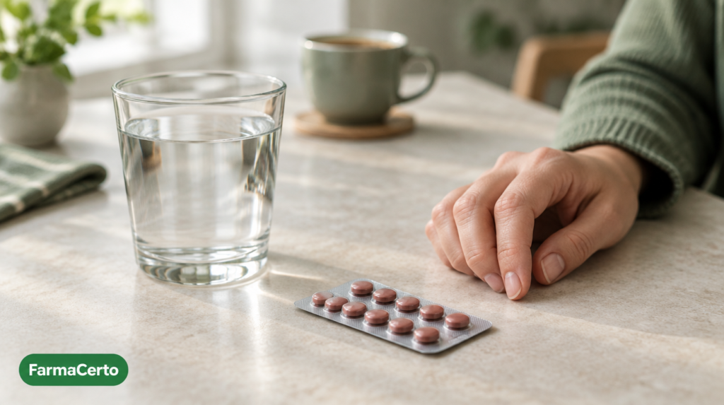 Comprimidos sem marca e copo de água sobre uma mesa, com assinatura FarmaCerto no canto inferior esquerdo.