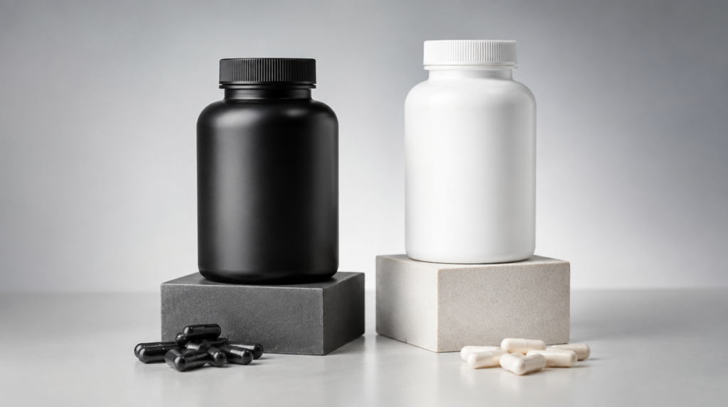 Dois potes de suplemento sem rótulo, um preto e um branco, sobre blocos de alturas diferentes com cápsulas à frente