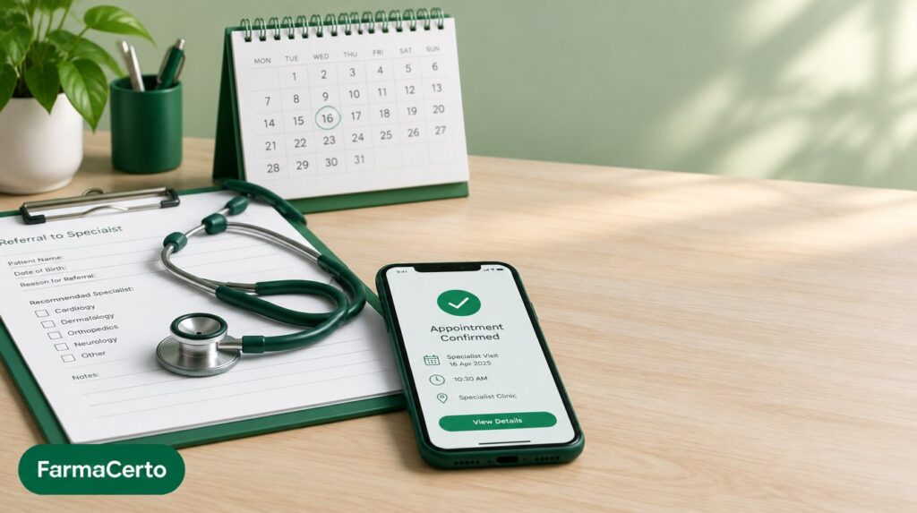 Encaminhamento médico em prancheta com estetoscópio, calendário e celular com confirmação de agendamento, representando consulta com especialista pelo SUS