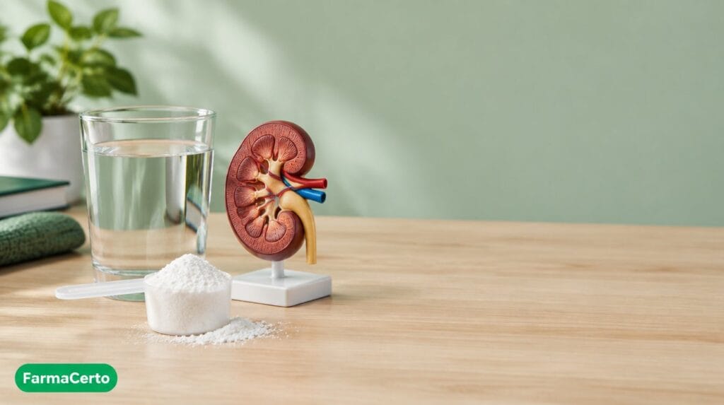Medidor com creatina, copo de água e modelo anatômico de rim