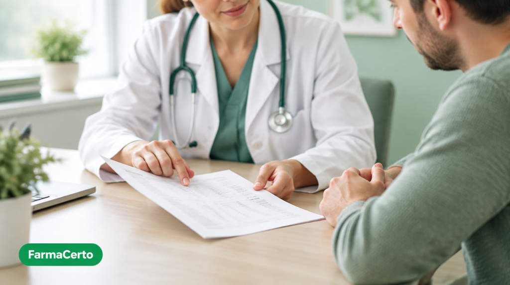 Profissional de saúde e paciente conversam sobre um exame, com assinatura FarmaCerto no canto inferior esquerdo.