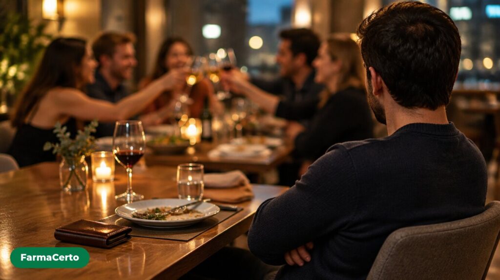 Homem de costas e de braços cruzados, afastado dos amigos que brindam em uma mesa de restaurante.