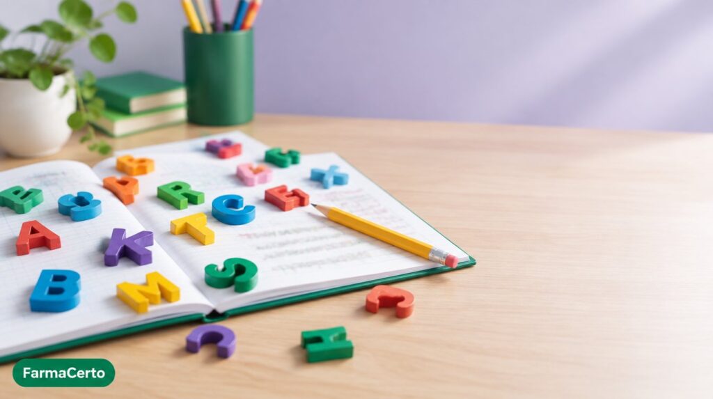 Caderno escolar aberto com letras coloridas de brinquedo espalhadas e um lápis, representando a dificuldade de leitura na dislexia