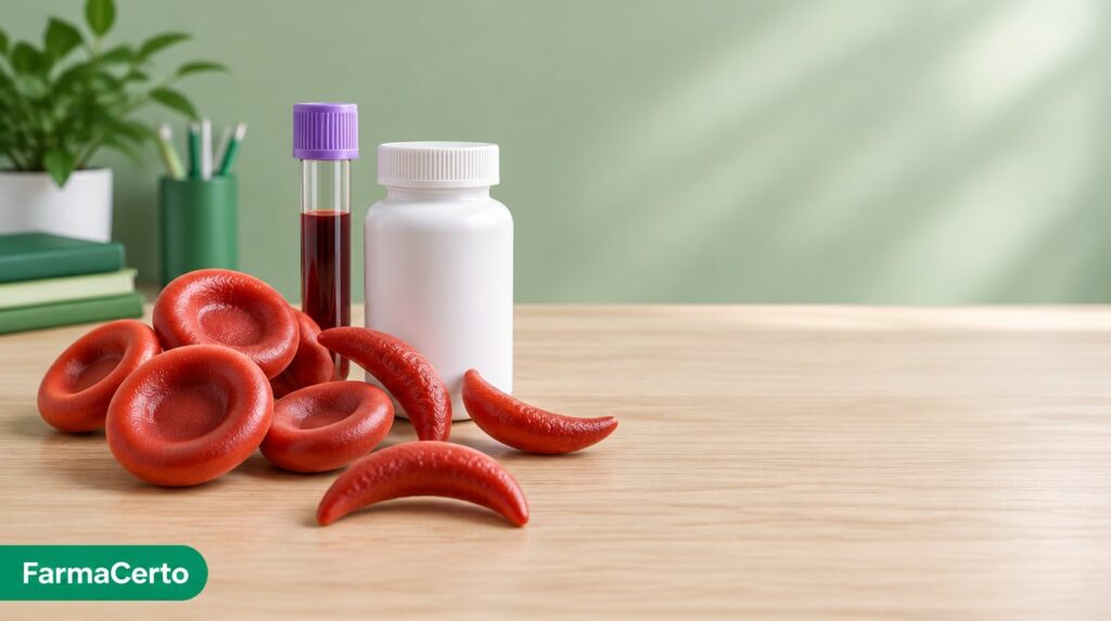 Modelo de hemácias normais e hemácias em forma de foice ao lado de tubo de coleta de sangue e frasco de remédio, ilustrando a doença falciforme