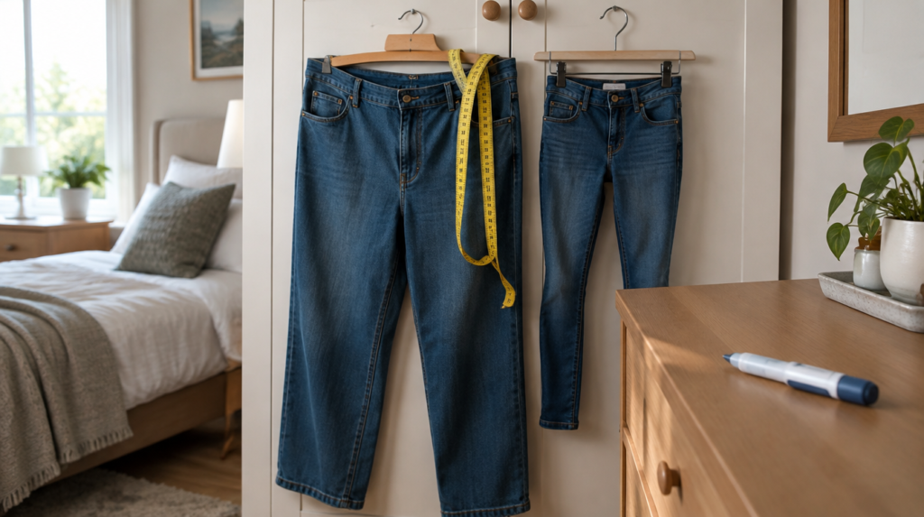 Duas calças jeans de tamanhos diferentes penduradas na porta do guarda-roupa com fita métrica, e caneta aplicadora sem marca na cômoda