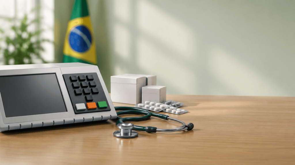 Urna eletrônica ao lado de estetoscópio e caixas de medicamentos, com a bandeira do Brasil ao fundo