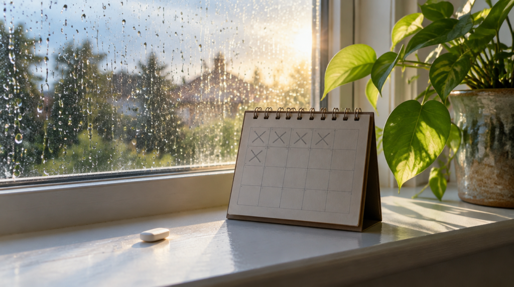 Comprimido branco oval no parapeito ao lado de um calendário de mesa com semanas marcadas a lápis, com sol entrando pela janela após a chuva