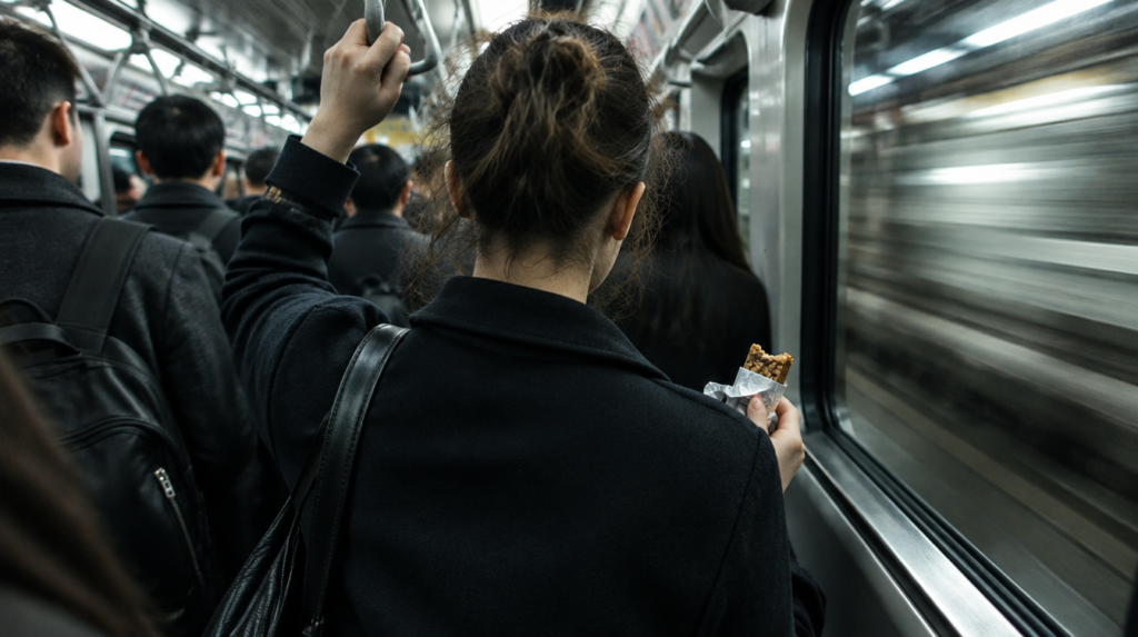 Passageiro de costas segurando a alça em vagão de metrô lotado, com os ombros tensos e um lanche na outra mão