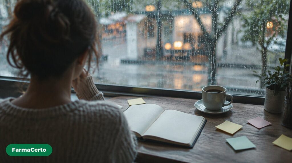 Pessoa de costas olhando pela janela chuvosa de um café, com caderno em branco e café intocado à frente