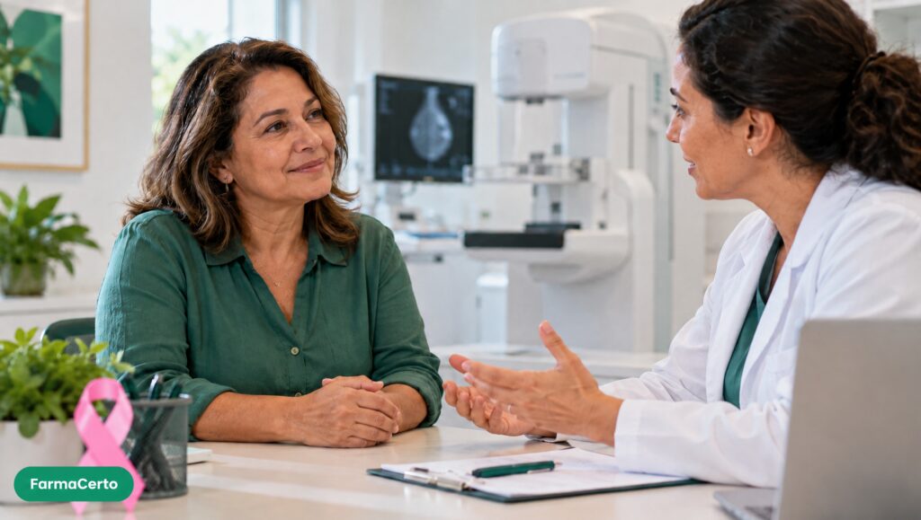 Consulta sobre saúde das mamas, com assinatura FarmaCerto no canto inferior esquerdo.