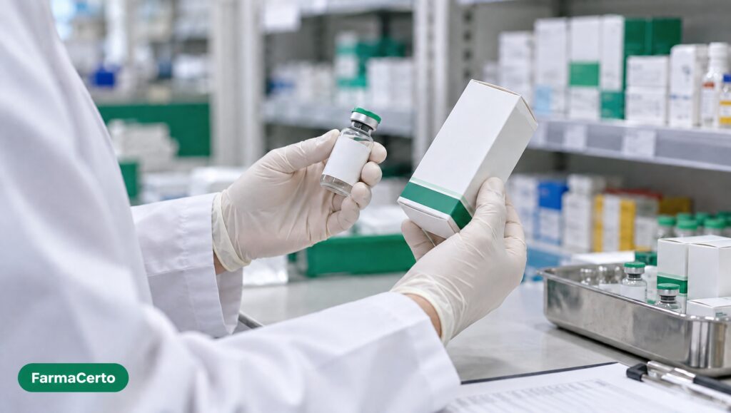 Conferência de caixa e frasco genéricos em farmácia hospitalar, com assinatura FarmaCerto no canto inferior esquerdo.