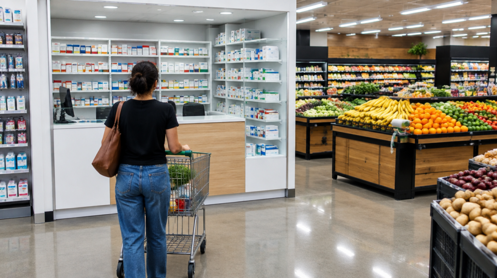 Balcão de farmácia dentro de um supermercado ao lado do setor de hortifrúti, com cliente de costas e carrinho