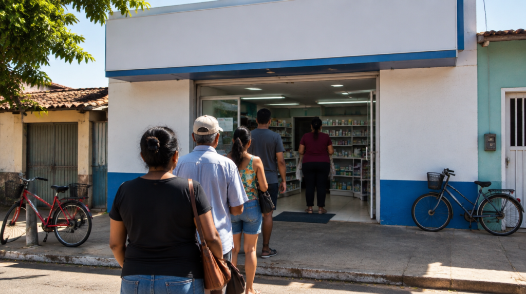Fachada de farmácia de bairro em cidade pequena, com pessoas de costas em fila na entrada e bicicletas estacionadas