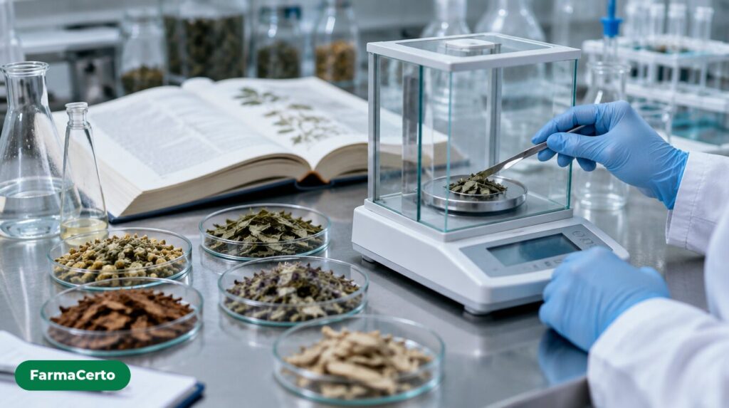 Bancada de laboratório com ervas secas em placas de vidro, balança analítica e mãos enluvadas pesando folhas
