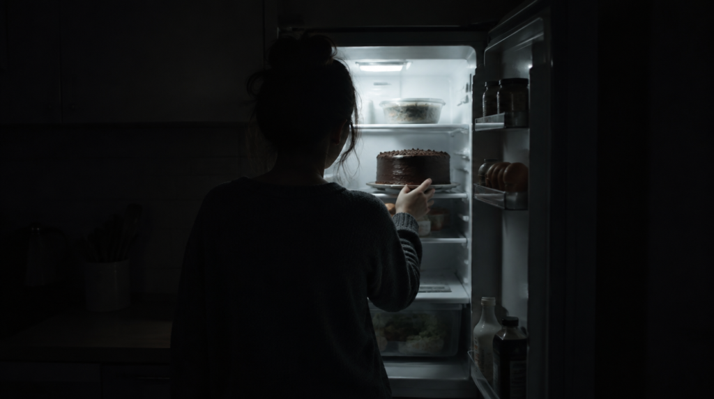 Pessoa de costas diante da geladeira aberta à noite em cozinha escura, com a mão alcançando um bolo de chocolate