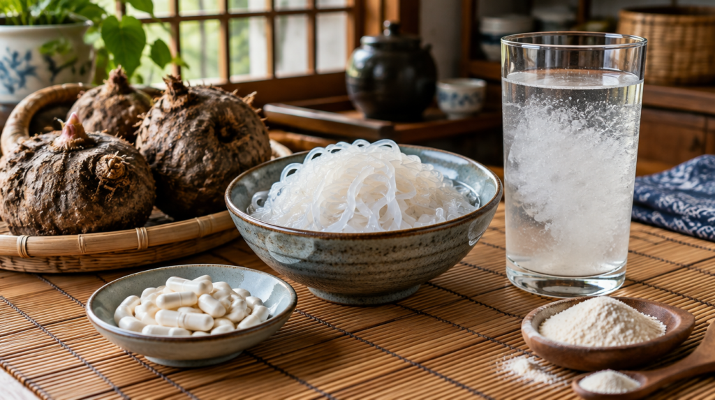 Raízes de konjac e macarrão shirataki em tigela, com cápsulas brancas de glucomannan e copo de água com fibra formando gel
