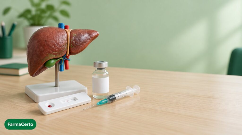 Modelo anatômico de fígado ao lado de teste rápido e frasco de vacina, representando as hepatites virais