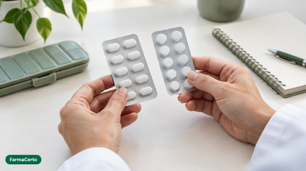 Mãos conferindo duas cartelas de medicamentos, em imagem ilustrativa com assinatura FarmaCerto.