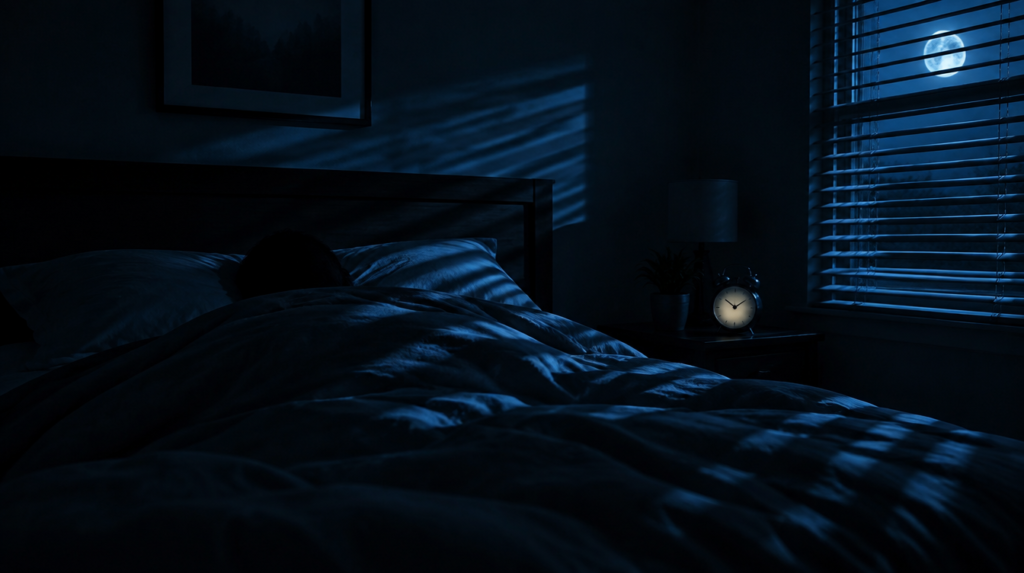 Quarto escuro de madrugada com silhueta de pessoa acordada sob as cobertas e luz da lua atravessando a persiana