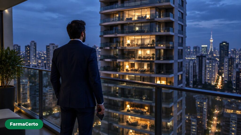 Homem de costas na varanda de um apartamento alto observando as janelas iluminadas do prédio vizinho ao anoitecer.