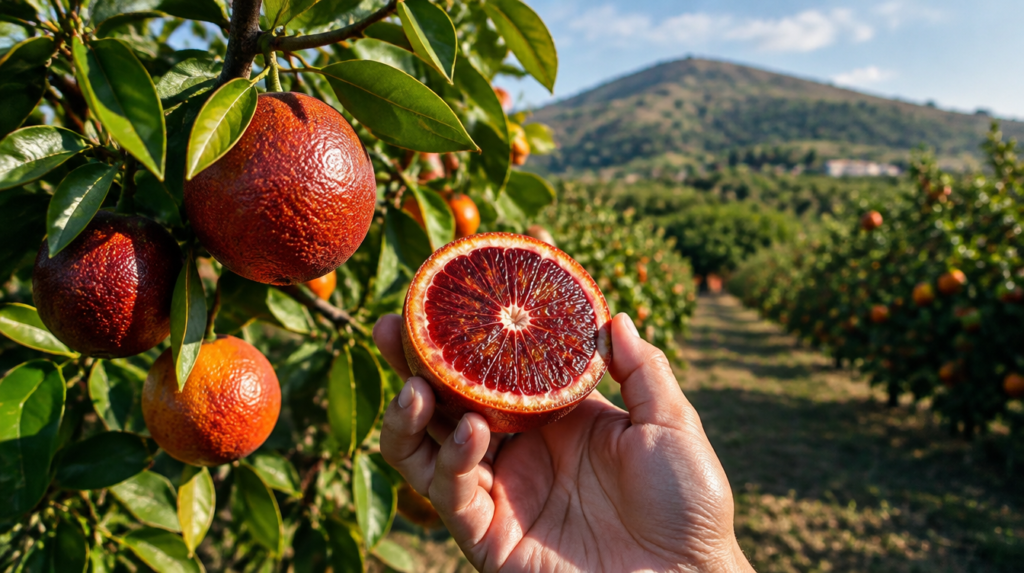 Laranjas moro no galho em um pomar e uma fruta cortada na mão mostrando a polpa vermelho-escura