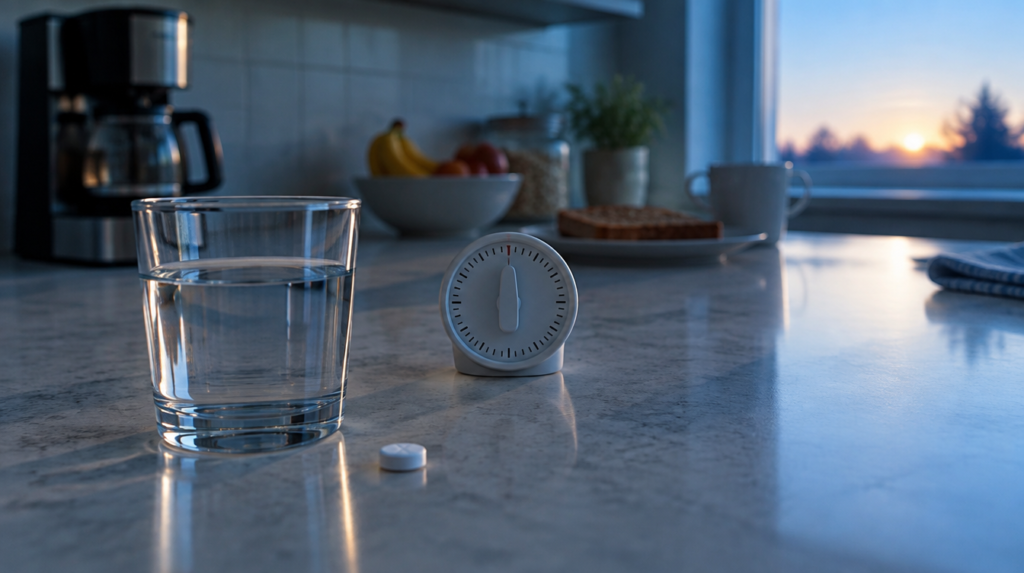 Pequeno comprimido branco e copo de água na bancada da cozinha ao amanhecer, com timer e café da manhã desfocado ao fundo
