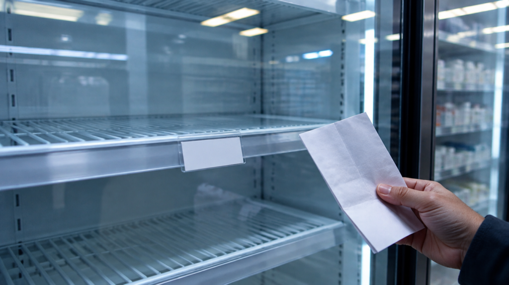 Prateleira vazia em refrigerador de farmácia e mão de cliente segurando uma receita dobrada diante da porta de vidro