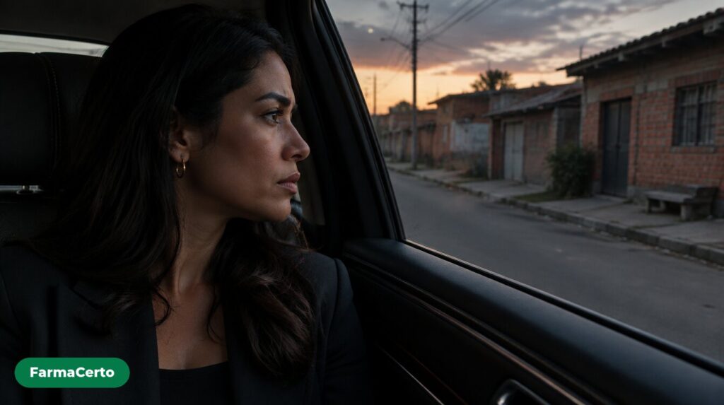 Mulher de perfil dentro de um carro olhando pela janela para uma rua simples de casas de tijolo ao entardecer.