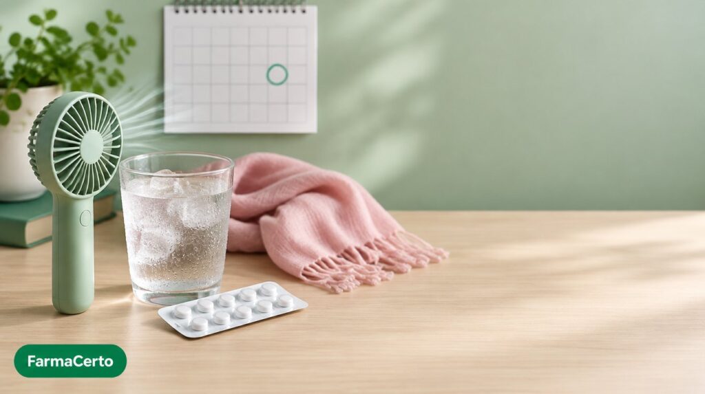 Leque elétrico, copo de água gelada, cartela de comprimidos e calendário, representando as ondas de calor da menopausa