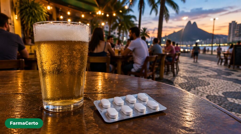Copo de cerveja gelada ao lado de uma cartela de comprimidos brancos em uma mesa de bar ao entardecer.